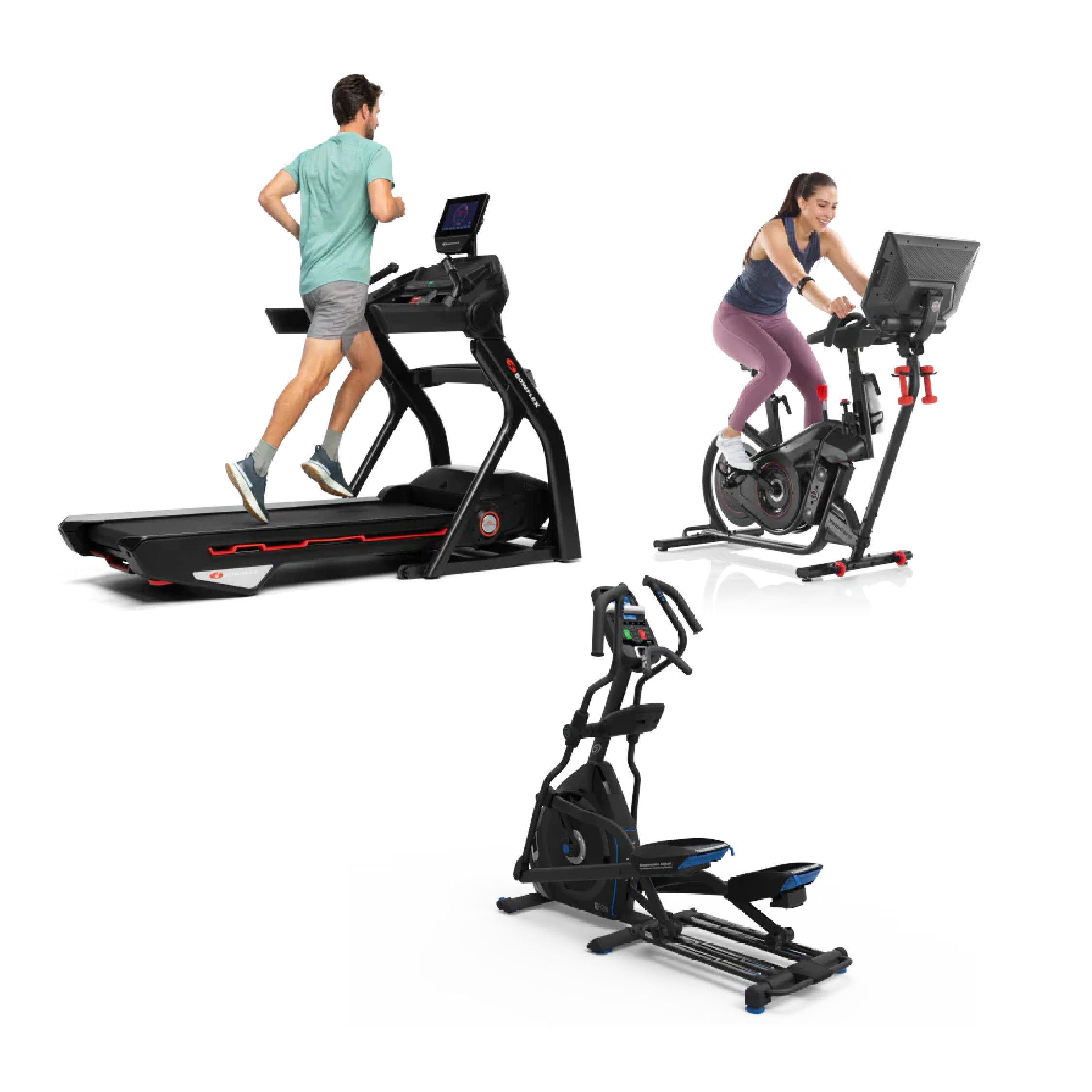 People on treadmills and bikes with images of the equipment.