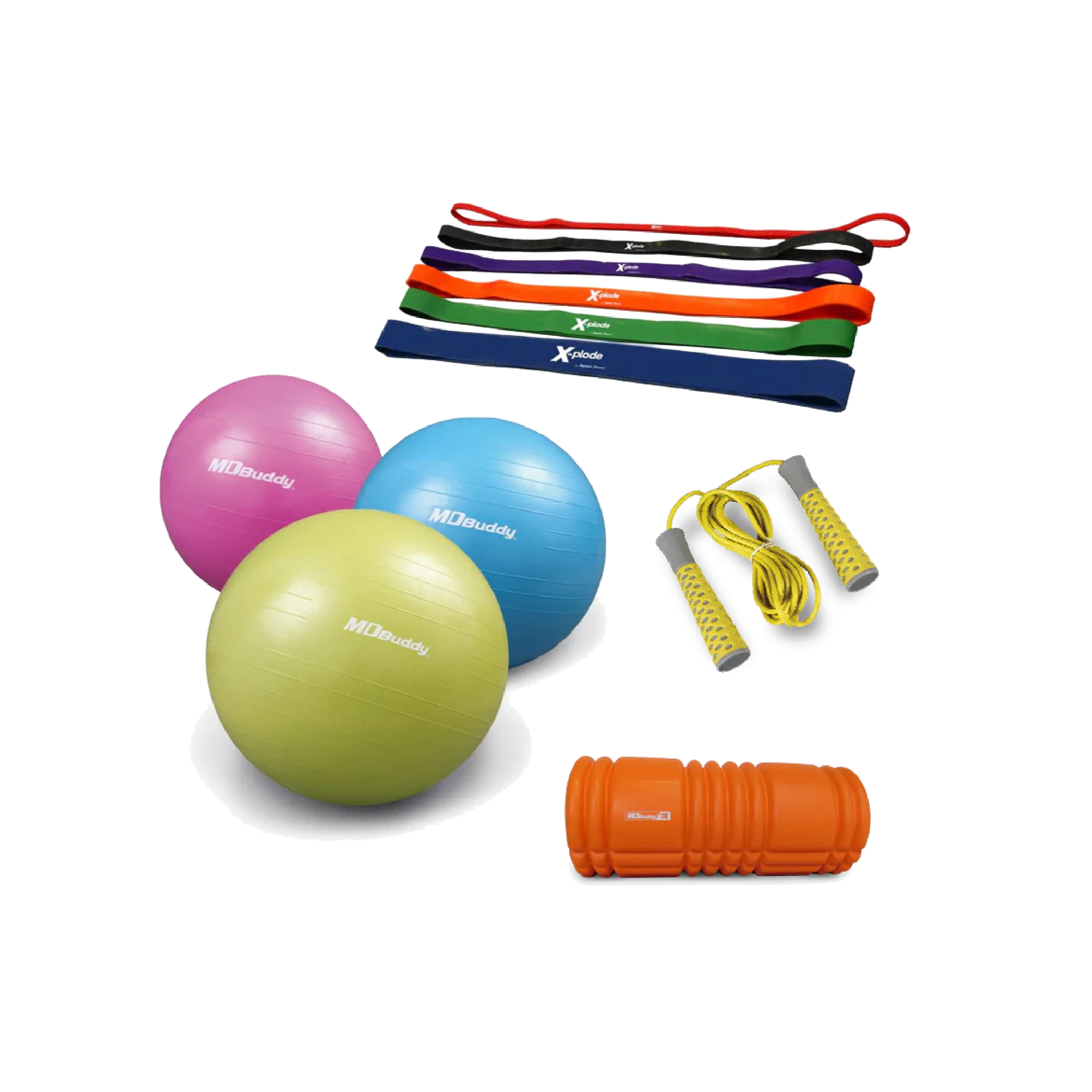 Gym accessories: jump ropes, resistance bands, foam rollers.