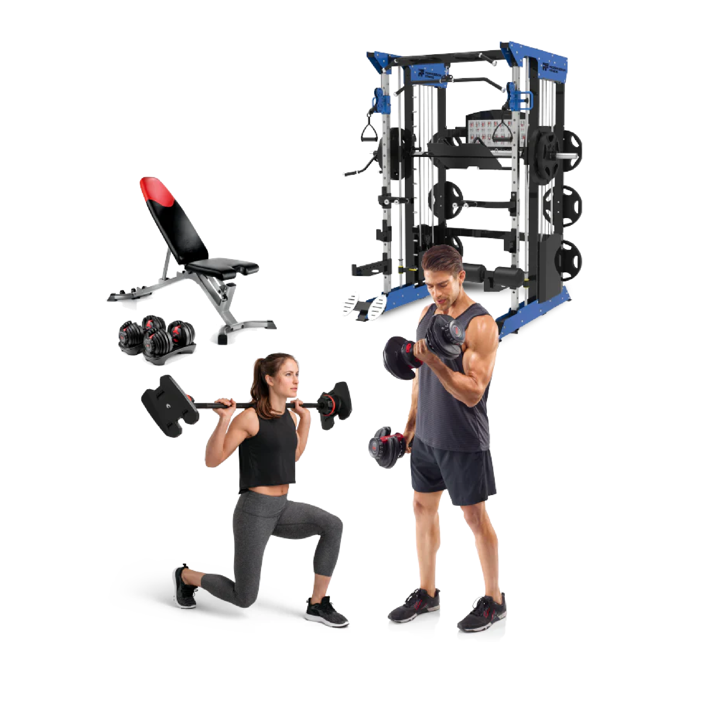 Gym station with people lifting weights, bench, and dumbbells.